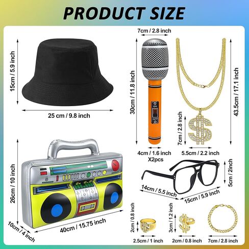 Nobgum 8Pcs Hip Hop Costume Accessories kit，80s/90s Hip Hop Fancy Dress with Gold Dollar Sign Necklace Sunglasses Rings Bracelet Radio Microphone Balloon, Rapper Accessories for Men Women in Kuwait
