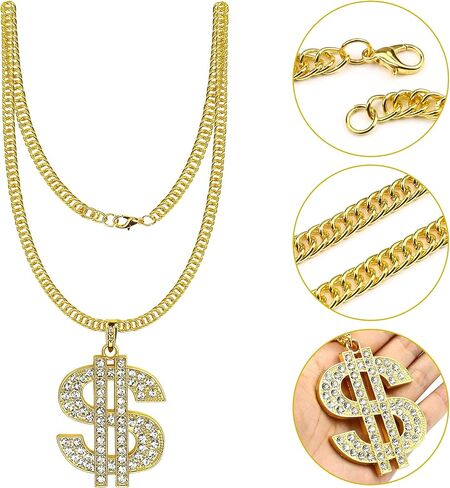 Nobgum 8Pcs Hip Hop Costume Accessories kit，80s/90s Hip Hop Fancy Dress with Gold Dollar Sign Necklace Sunglasses Rings Bracelet Radio Microphone Balloon, Rapper Accessories for Men Women in Kuwait