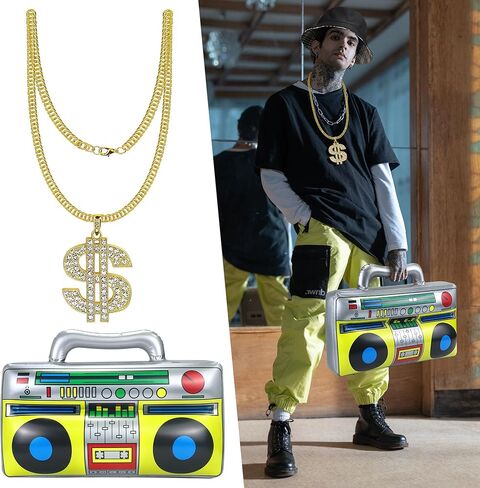 Nobgum 8Pcs Hip Hop Costume Accessories kit，80s/90s Hip Hop Fancy Dress with Gold Dollar Sign Necklace Sunglasses Rings Bracelet Radio Microphone Balloon, Rapper Accessories for Men Women in Kuwait