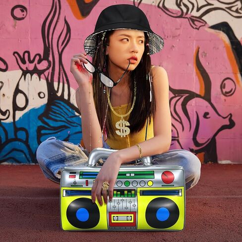 Nobgum 8Pcs Hip Hop Costume Accessories kit，80s/90s Hip Hop Fancy Dress with Gold Dollar Sign Necklace Sunglasses Rings Bracelet Radio Microphone Balloon, Rapper Accessories for Men Women in Kuwait