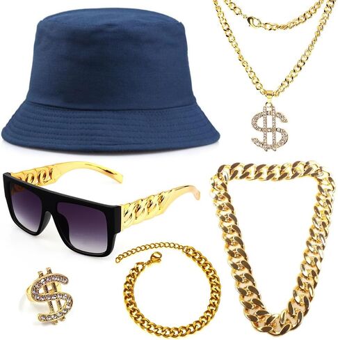 Gionforsy Hip Hop Costume Kit 80s 90s Rapper Accessories Bucket Hat Sunglasses Gold Chain Bracelet Ring in Kuwait