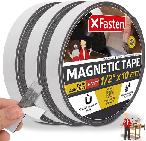 XFasten 1/2-Inch X 10-Foot, Pack of 3 Strong Magnetic Tape Roll, Sticky Magnetic Strips with Adhesive Backing for Crafts, DIY, Walls, Heavy Duty Magnetic Tape for Whiteboard, Adhesive Magnetic Strips in Saudi Arabia