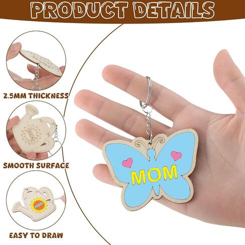 Yousoontic 12pcs لون الخشب الخاص بك سلاسل المفاتيح عيد الأم الحرف للبنين الفتيات أفضل الهدايا أمي فارغة زهرة القلب فراشة قوس قزح على شكل سلاسل المفاتيح هدايا عيد ميلاد أمي من ابن ابنة in Kuwait