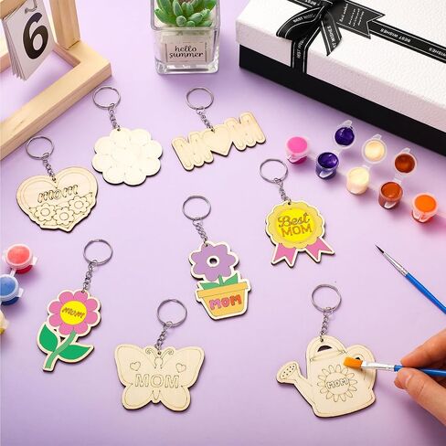 Yousoontic 12pcs لون الخشب الخاص بك سلاسل المفاتيح عيد الأم الحرف للبنين الفتيات أفضل الهدايا أمي فارغة زهرة القلب فراشة قوس قزح على شكل سلاسل المفاتيح هدايا عيد ميلاد أمي من ابن ابنة in Kuwait
