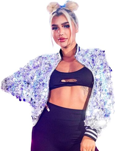 معطف Edary النسائي المضيء بالترتر، جاكيت بأكمام طويلة لامع، جاكيت بومبر متوهج للحفلات والنوادي للعام الجديد in Kuwait