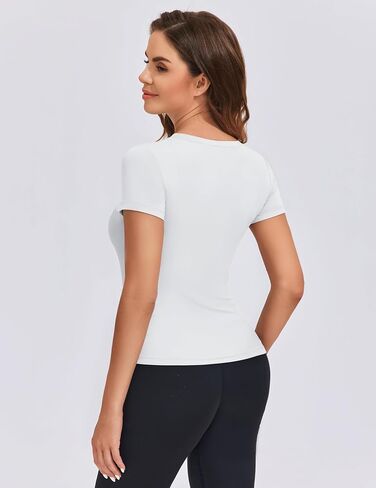 PINSPARK Workout Tops for Women Crew Neck Short Sleeve T Shirts Double Lined Slim Fit Stretch Athletic Tops in Saudi Arabia