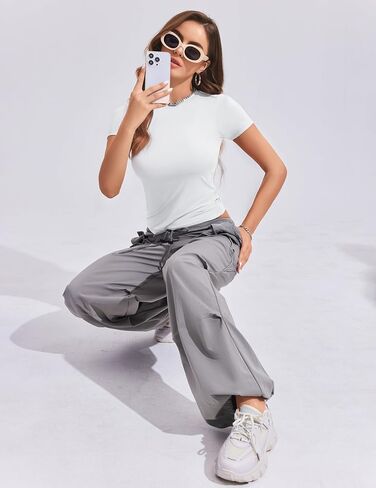 PINSPARK Workout Tops for Women Crew Neck Short Sleeve T Shirts Double Lined Slim Fit Stretch Athletic Tops in Saudi Arabia