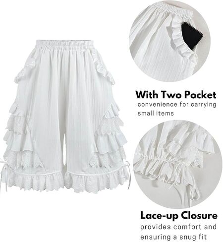 Nuoqi White Ruffle Bloomer for Women Cotton Victorian Pantaloons Knee Length Bloomer in Saudi Arabia