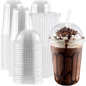 16oz 50 Set Disposable Plastic Cups with Dome Lids and Straws, Clear Iced Coffee Cups with lids, Round Bottom Plastic Cup for Milkshakes Juice Beverages Holiday Party Outdoor Picnic Supplies in Saudi Arabia