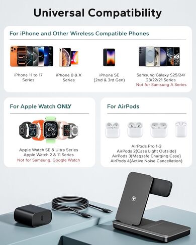 3 في محطة شحن واحدة لـ Apple ، تقف الشاحن اللاسلكي القابلة للطي لـ iPhone 16 15 14 13 ، Dock Fast Travel Phone Dock لأجهزة متعددة لـ Apple Watch Ultra 10 9 8 ، AirPods 4 3 Pro in Kuwait