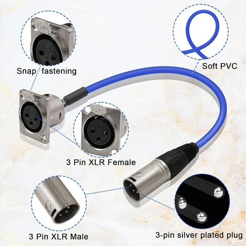 كابل D من النوع XLR بطول 1.6 قدم، عبوتان، أزرق، موصل مروري، D XLR أنثى إلى ذكر لصندوق المسرح المتميز، لوحة التصحيح، حامل اللوحة، صندوق الأرضية، بدون لحام لتثبيت الصوت الاحترافي in Kuwait