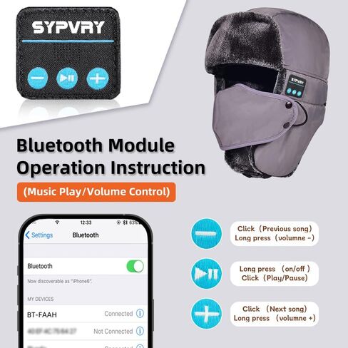 JOYSICAL Bluetooth Warm Hat, Winter Trapper Hat for Men, Mens Hat with Ear Flaps, Snow Mask, Wireless Ski Face Cover, Womens Hats Winter, Black in Kuwait