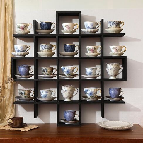 Suzile Oversize Tea Cup and Saucer Display Rack Rustic Brown Wooden Display Shelves Rustic Wooden Floating Curio Shelf Travel Wall Mounted Tea Cup and Saucer Rack Holder Shadow Box Shelf in Saudi Arabia