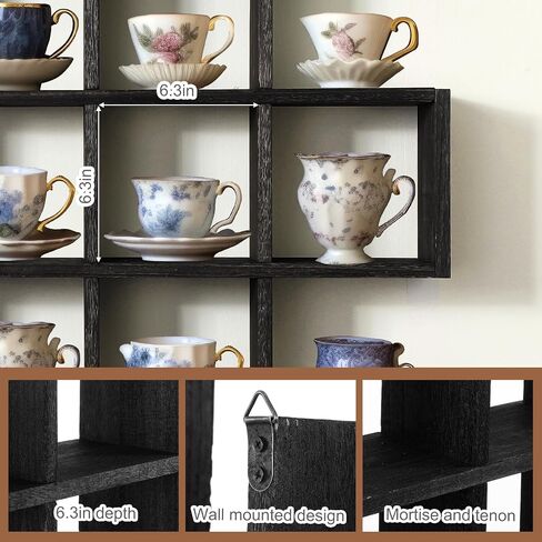 Suzile Oversize Tea Cup and Saucer Display Rack Rustic Brown Wooden Display Shelves Rustic Wooden Floating Curio Shelf Travel Wall Mounted Tea Cup and Saucer Rack Holder Shadow Box Shelf in Saudi Arabia