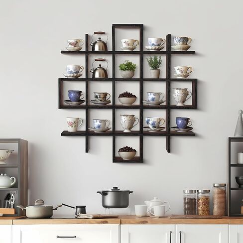 Suzile Oversize Tea Cup and Saucer Display Rack Rustic Brown Wooden Display Shelves Rustic Wooden Floating Curio Shelf Travel Wall Mounted Tea Cup and Saucer Rack Holder Shadow Box Shelf in Saudi Arabia