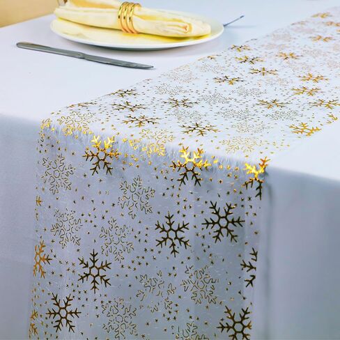 Snowkingdom 20ft Gold Table Runner ، Glitter Foil Metallic Thin Thice Mesh Runner Gold Runner for Table Centerces ، Decorations Golden for Party Cairs Sashes Hinded Birthday Cradues Christmas 240 Int in Kuwait