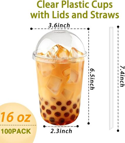 16oz 50 Set Disposable Plastic Cups with Dome Lids and Straws, Clear Iced Coffee Cups with lids, Round Bottom Plastic Cup for Milkshakes Juice Beverages Holiday Party Outdoor Picnic Supplies in Saudi Arabia