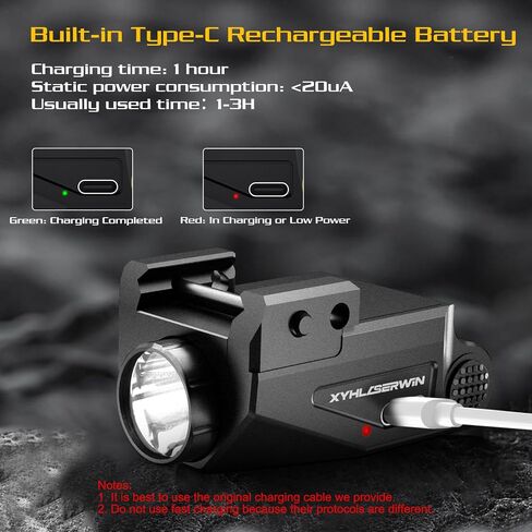 500 Lumens Green Pistol Light for Glock，Mini Pistol Flashlight Picatinny Rail Mounted USB-TypeC Rechargeable Weapon Light, Aluminum Tactical Flashlight for gun with Strobe Function Fits Taurus Black in Saudi Arabia