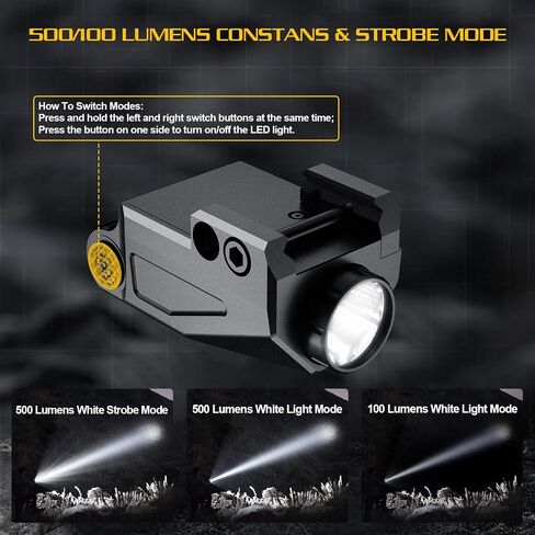 500 Lumens Green Pistol Light for Glock，Mini Pistol Flashlight Picatinny Rail Mounted USB-TypeC Rechargeable Weapon Light, Aluminum Tactical Flashlight for gun with Strobe Function Fits Taurus Black in Saudi Arabia