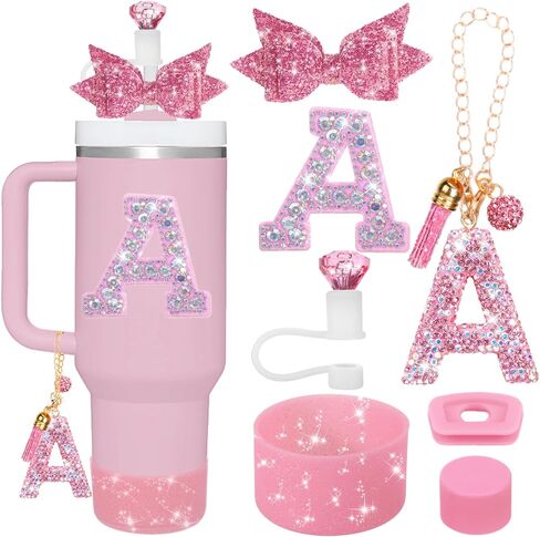 مجموعة إكسسوارات أكواب وردية من Mity Rain مكونة من 7 قطع لكأس ستانلي، وديكورات الأحرف الأولى لأكواب ستانلي سعة 30 أونصة و40 أونصة (أ) in Kuwait