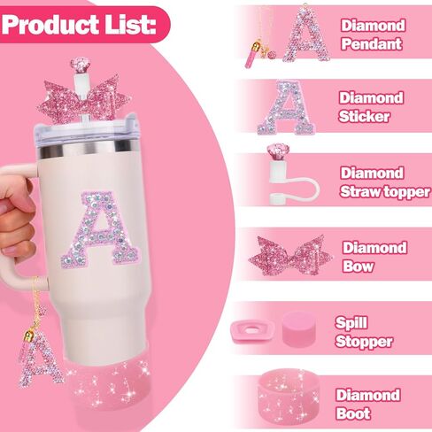 مجموعة إكسسوارات أكواب وردية من Mity Rain مكونة من 7 قطع لكأس ستانلي، وديكورات الأحرف الأولى لأكواب ستانلي سعة 30 أونصة و40 أونصة (أ) in Kuwait