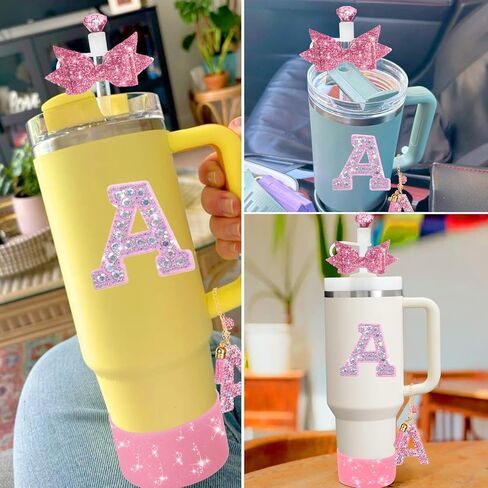 مجموعة إكسسوارات أكواب وردية من Mity Rain مكونة من 7 قطع لكأس ستانلي، وديكورات الأحرف الأولى لأكواب ستانلي سعة 30 أونصة و40 أونصة (أ) in Kuwait