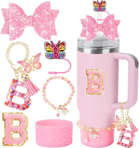 Sparkly Accessories Set for Stanley 30oz/40oz Cup, Including Rhinestone Straw Cover, Letter Sticker, Handle Charm, Sparkly Bows & Silicone Boot - 5pcs in Saudi Arabia
