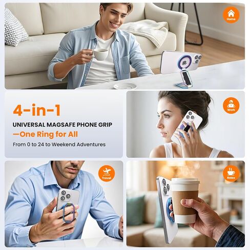 (2025 Upgraded) 4-in-1 Magnetic Phone Grip Stand for MagSafe with Finger Strap Loop, Removable Ring Holder for iPhone 16 Pro Max 15 14 13 12, Kickstand for Hands-Free View at Home Work Travel - Silver in Saudi Arabia