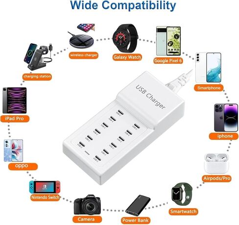 USB Charging Station, 12 Ports USB C Charger, 50W/10A MultiPort Charging Block[6 USBC+6 USBA], Compatible with iPhone 16/15/14/13/Samsung/Tablet/Watch/Headphones and Multiple Charger Plug in Saudi Arabia