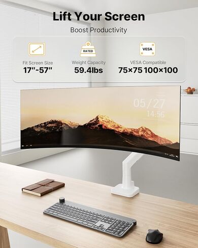 monTEK Sleek Aluminum Monitor Arm for 17–57" Ultrawide Screens up to 59 lbs, USB 3.0 A/C, Heavy Duty Single Monitor Arm Desk Mount, Pneumatic Lift, Quick-Release Plate, Clamp/Grommet, Max VESA 100x100 in Saudi Arabia