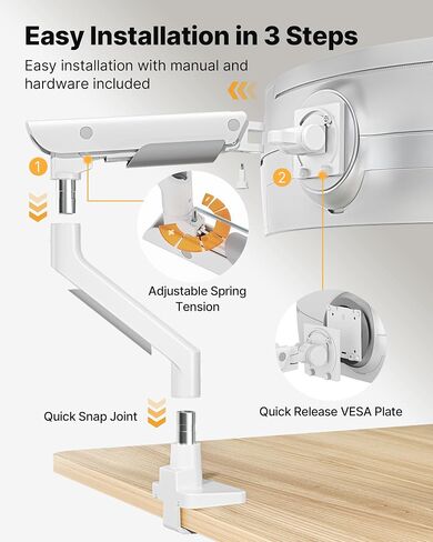 monTEK Sleek Aluminum Monitor Arm for 17–57" Ultrawide Screens up to 59 lbs, USB 3.0 A/C, Heavy Duty Single Monitor Arm Desk Mount, Pneumatic Lift, Quick-Release Plate, Clamp/Grommet, Max VESA 100x100 in Saudi Arabia