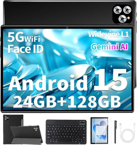 10 inch Android 15 Tablet with Keyboard - 24GB(4+20) RAM+128GB ROM(1TB Expand), 2-in-1 Tablets with 8-Core, 7200mAh, 5G WiFi, Widevine L1, GMS, with Case, Keyboard, Stylus in Saudi Arabia