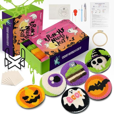 yuegool 6pcs punch eedle coaster kit ، easy diy تطريز مجموعة للمبتدئين ، الأطفال والكبار ، هدية عيد الأم مع الأنماط والأدوات والغزل والطوق والتعليمات وحامل السفينة in Kuwait