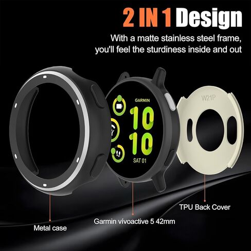 BEARDDO 2 في 1 حالة معدنية لـ Garmin Vivoactive 5 مع تغطية TPU الخلفية ، غطاء وقائي مقاوم للصدمات وعرة مع إكسسوارات القماش التنظيف لـ Garmin Vivoactive 5 Smartwatch Bezel (Dark Gray) in Kuwait