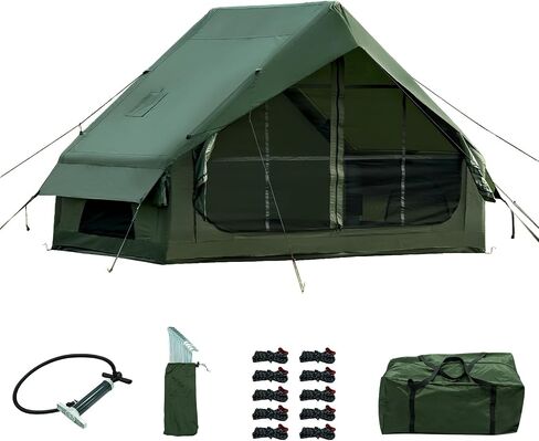 12SQ Green Therming Camping Tent مع مضخة يدوية سهلة الإعداد للماء مقاوم للماء في الهواء الطلق في الهواء الطلق لخيمة 6-8 شخص أوكسفورد 4 موسم Glamping Air Tents House مع نوافذ وباب شبكية in Kuwait