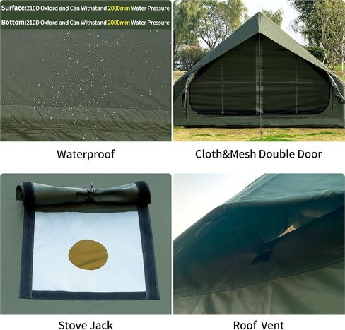 12SQ Green Therming Camping Tent مع مضخة يدوية سهلة الإعداد للماء مقاوم للماء في الهواء الطلق في الهواء الطلق لخيمة 6-8 شخص أوكسفورد 4 موسم Glamping Air Tents House مع نوافذ وباب شبكية in Kuwait