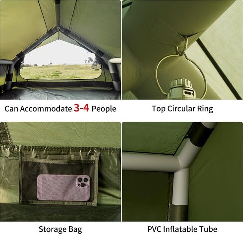 12SQ Green Therming Camping Tent مع مضخة يدوية سهلة الإعداد للماء مقاوم للماء في الهواء الطلق في الهواء الطلق لخيمة 6-8 شخص أوكسفورد 4 موسم Glamping Air Tents House مع نوافذ وباب شبكية in Kuwait