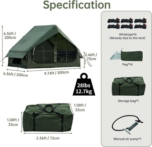 12SQ Green Therming Camping Tent مع مضخة يدوية سهلة الإعداد للماء مقاوم للماء في الهواء الطلق في الهواء الطلق لخيمة 6-8 شخص أوكسفورد 4 موسم Glamping Air Tents House مع نوافذ وباب شبكية in Kuwait