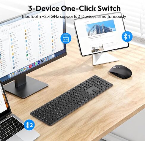 لوحة مفاتيح Bluetooth اللاسلكية وسرد الماوس (USB + Dual BT) ، لوحة مفاتيح رفيعة متعددة الأجهزة ومجموعة الماوس متوافقة مع Windows و Mac و PC Captop ipad tablet - Qwerty in Kuwait