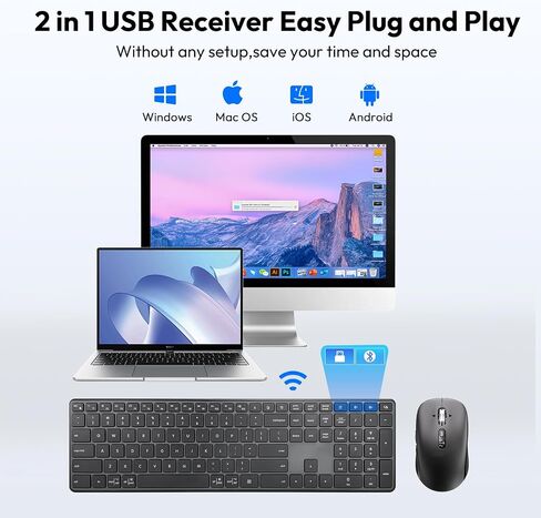 لوحة مفاتيح Bluetooth اللاسلكية وسرد الماوس (USB + Dual BT) ، لوحة مفاتيح رفيعة متعددة الأجهزة ومجموعة الماوس متوافقة مع Windows و Mac و PC Captop ipad tablet - Qwerty in Kuwait
