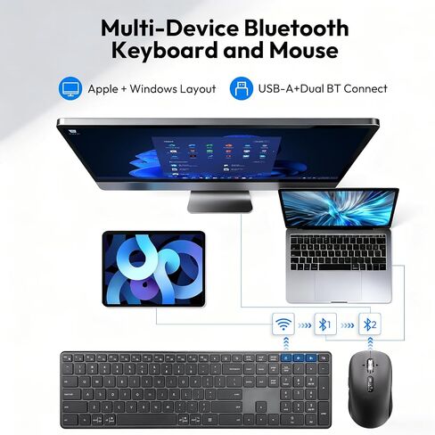 لوحة مفاتيح Bluetooth اللاسلكية وسرد الماوس (USB + Dual BT) ، لوحة مفاتيح رفيعة متعددة الأجهزة ومجموعة الماوس متوافقة مع Windows و Mac و PC Captop ipad tablet - Qwerty in Kuwait