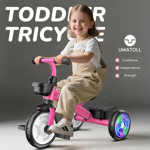 Umatoll Tricycle for Toddlers 2-5 Year Old, Ajustable Toddler Bike Outdoor Toys, Birthday Gift for Girl Age 2-4, Trike with Light up Wheels in Saudi Arabia