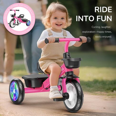 Umatoll Tricycle for Toddlers 2-5 Year Old, Ajustable Toddler Bike Outdoor Toys, Birthday Gift for Girl Age 2-4, Trike with Light up Wheels in Saudi Arabia