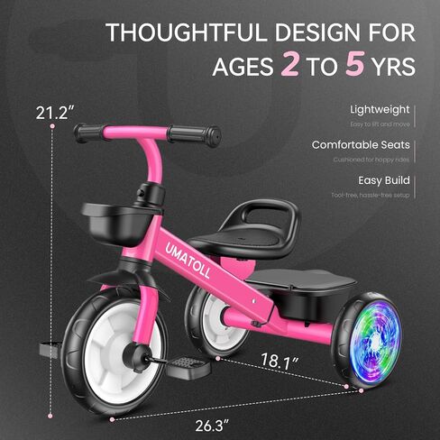 Umatoll Tricycle for Toddlers 2-5 Year Old, Ajustable Toddler Bike Outdoor Toys, Birthday Gift for Girl Age 2-4, Trike with Light up Wheels in Saudi Arabia