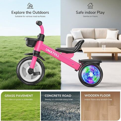 Umatoll Tricycle for Toddlers 2-5 Year Old, Ajustable Toddler Bike Outdoor Toys, Birthday Gift for Girl Age 2-4, Trike with Light up Wheels in Saudi Arabia