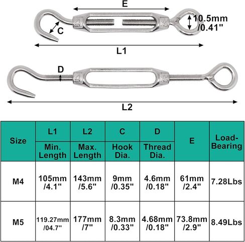 5Pcs M4 Turnbuckle Hook and Hook, 304 Stainless Steel Turnbuckle Tensioner Heavy Duty Turnbuckles Wire Rope Tension Turn Buckle in Kuwait