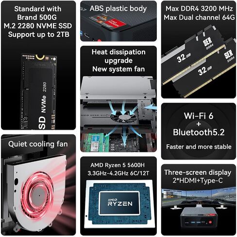 كمبيوتر صغير Beelink SER5 PRO، AMD Ryzen 5 5600H (حتى 4.2 جيجا هرتز، 6C/12T)، ذاكرة وصول عشوائي DDR4 سعة 16 جيجا (3200 ميجا هرتز)/500 جيجا بايت M.2 PCIe3.0 NVMe SSD كمبيوتر صغير، يدعم شاشة عرض ثلاثية الشاشات 4K/WiFi 6/BT5.2 in Kuwait