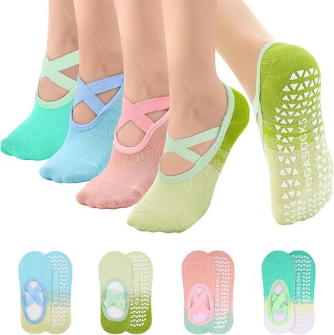4 Pair Pilates Socks with Grips for Women X-Cross Straps Non Skid Yoga Socks Anti Slip Barre Pilates Hospital Grippy Socks(US 5-7) in Saudi Arabia