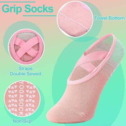4 Pair Pilates Socks with Grips for Women X-Cross Straps Non Skid Yoga Socks Anti Slip Barre Pilates Hospital Grippy Socks(US 5-7) in Saudi Arabia