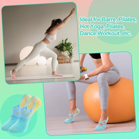 4 Pair Pilates Socks with Grips for Women X-Cross Straps Non Skid Yoga Socks Anti Slip Barre Pilates Hospital Grippy Socks(US 5-7) in Saudi Arabia